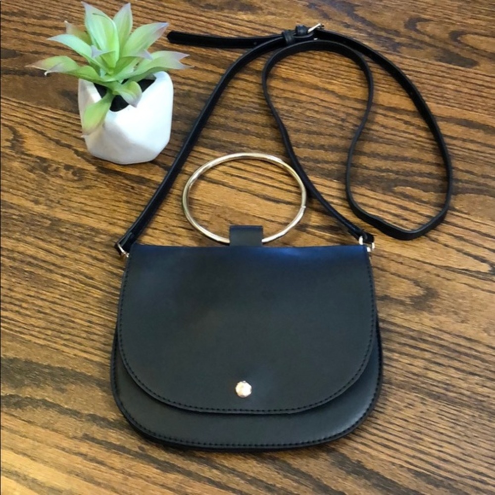 Madison West Black Crossbody with Gold Ring Handle